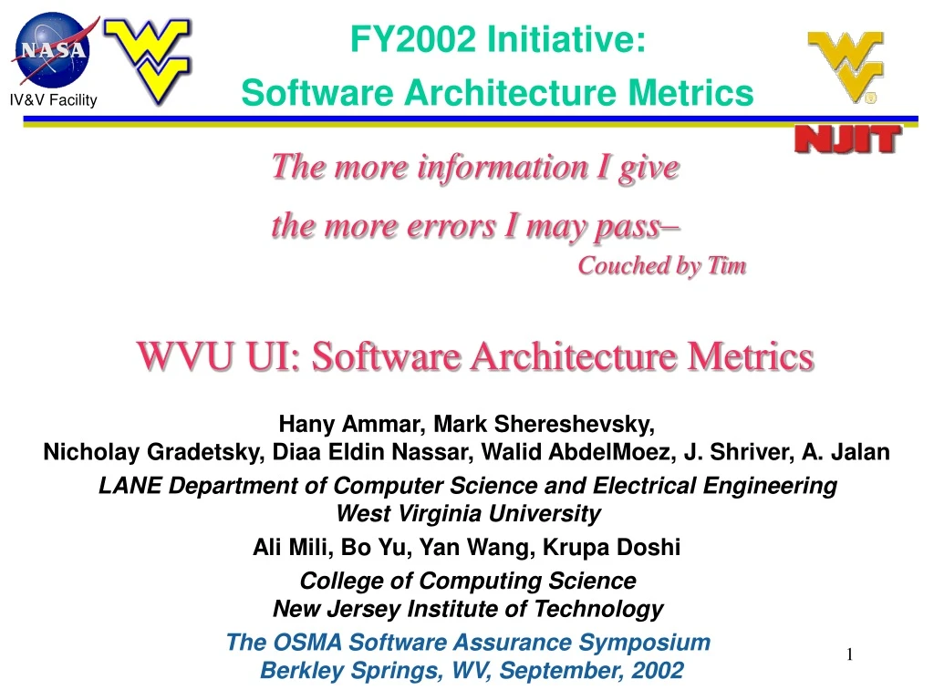 fy2002 initiative software architecture metrics