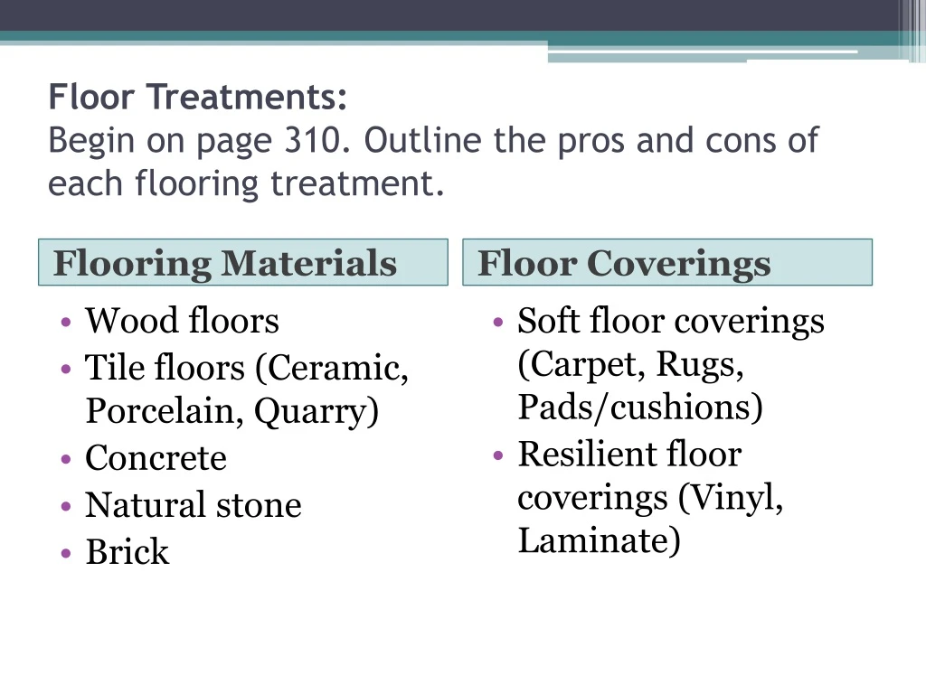 floor treatments begin on page 310 outline the pros and cons of each flooring treatment