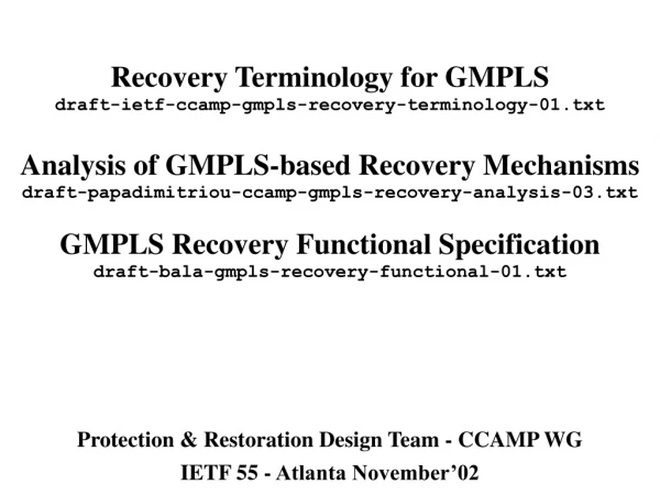 Protection &amp; Restoration Design Team - CCAMP WG IETF 55 - Atlanta November’02