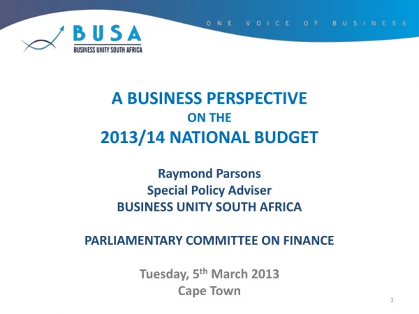 A BUSINESS PERSPECTIVE  ON THE  2013/14 NATIONAL BUDGET Raymond Parsons Special Policy Adviser