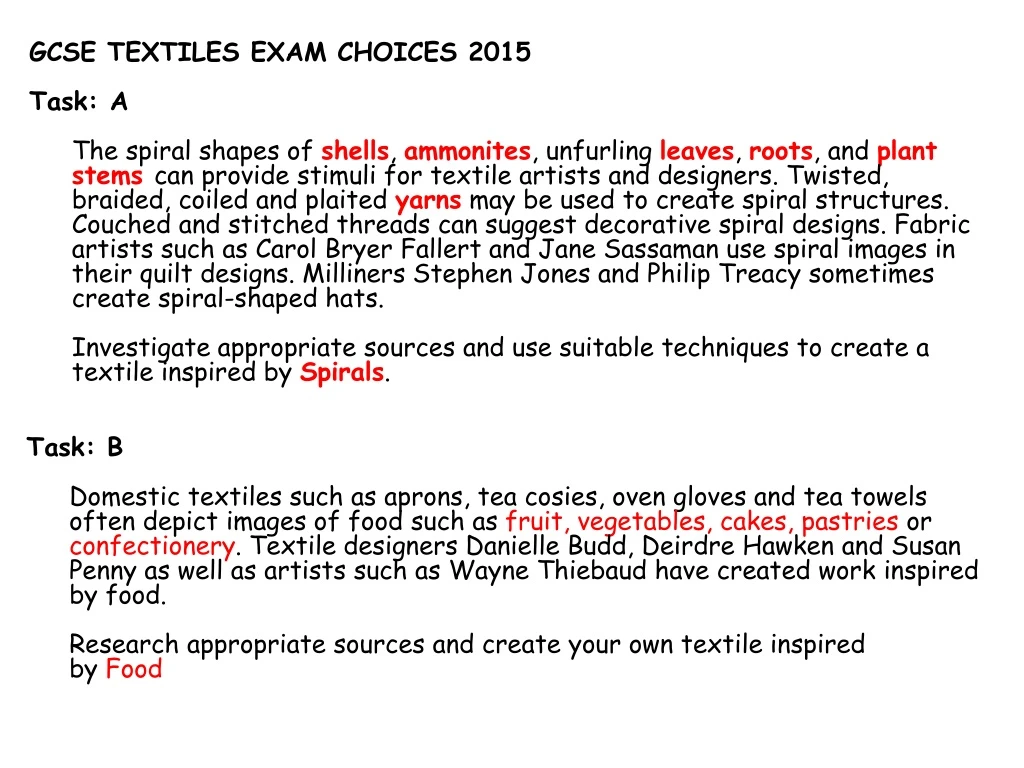gcse textiles exam choices 2015 task a the spiral