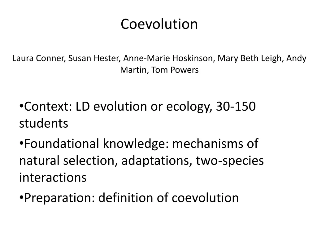 coevolution laura conner susan hester anne marie hoskinson mary beth leigh andy martin tom powers