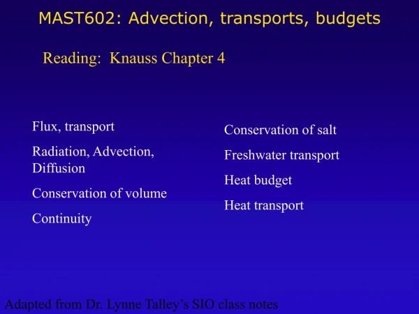 MAST602: Advection, transports, budgets