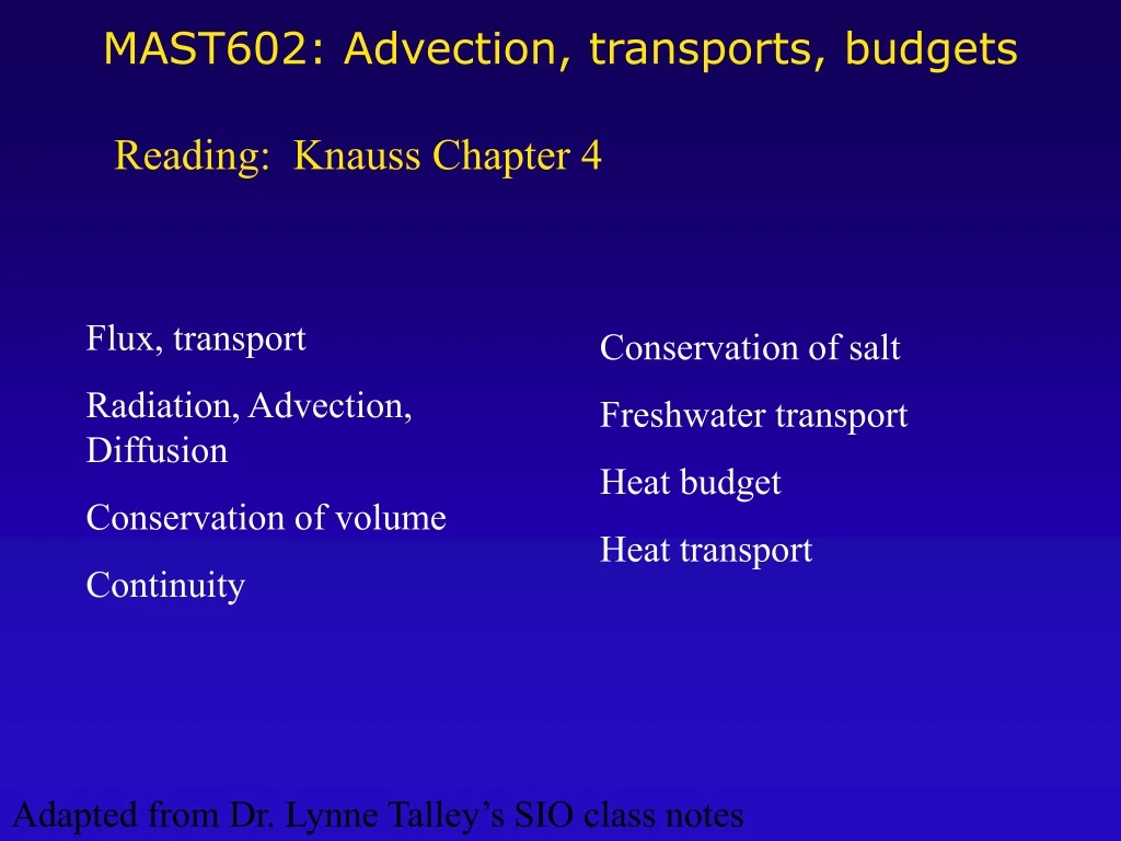 mast602 advection transports budgets