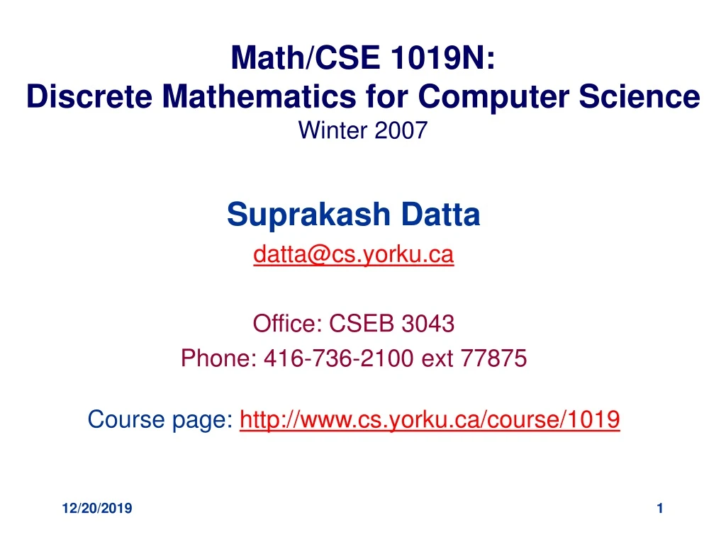 math cse 1019n discrete mathematics for computer science winter 2007