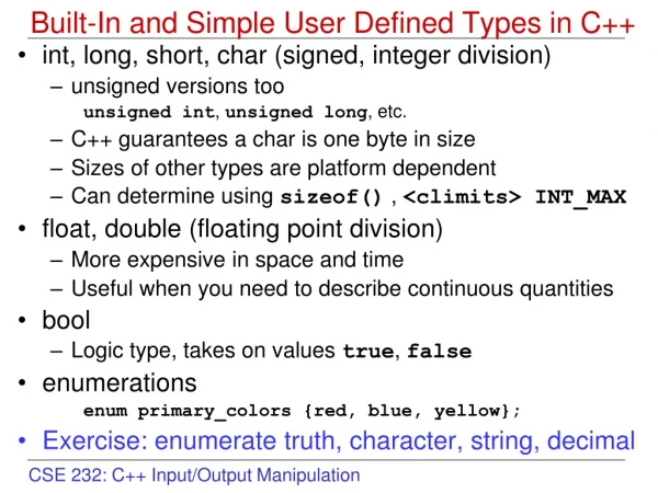 Built-In and Simple User Defined Types in C++