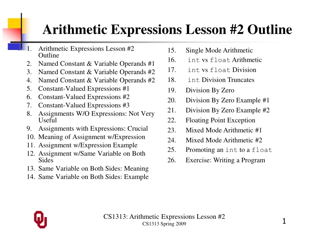 arithmetic expressions lesson 2 outline