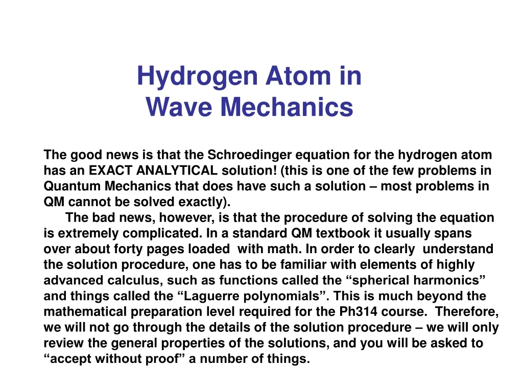 hydrogen atom in wave mechanics