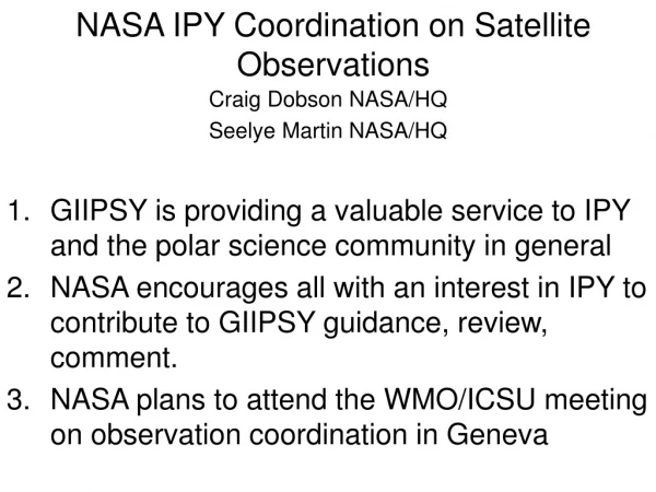 NASA IPY Coordination on Satellite Observations