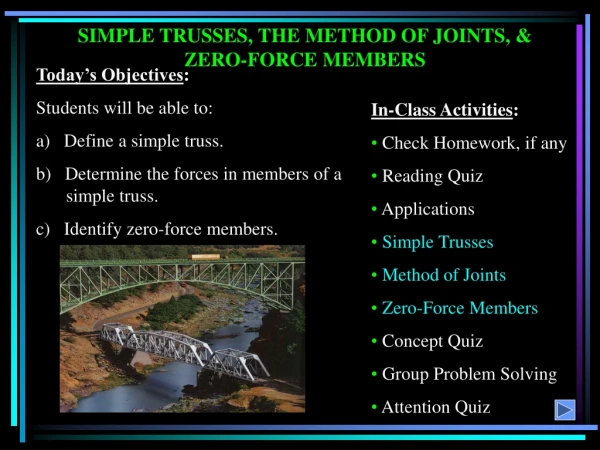 SIMPLE TRUSSES, THE METHOD OF JOINTS, &amp; ZERO-FORCE MEMBERS