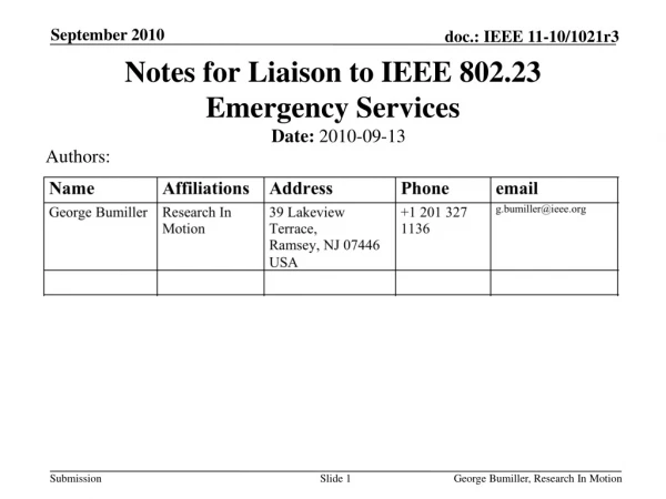 Notes for Liaison to IEEE 802.23 Emergency Services