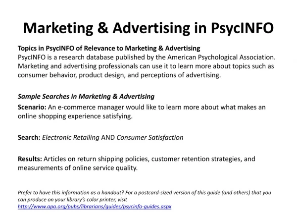 Marketing &amp; Advertising in PsycINFO