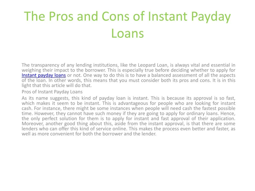 the pros and cons of instant payday loans