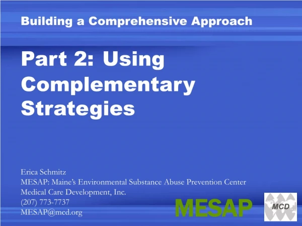 Building a Comprehensive Approach Part 2: Using Complementary Strategies Erica Schmitz