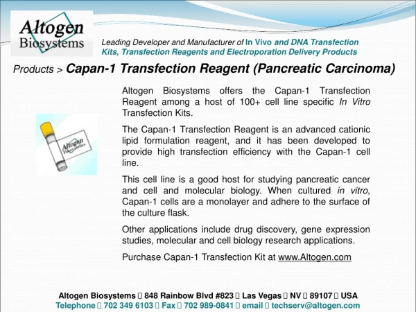 Products &gt;  Capan-1 Transfection Reagent (Pancreatic Carcinoma)
