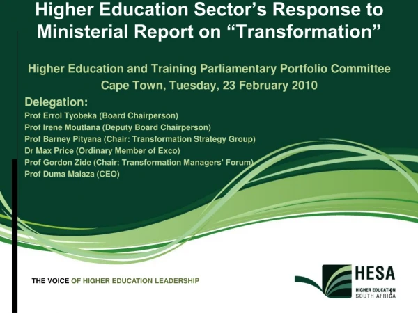 Higher Education Sector’s Response to Ministerial Report on “Transformation”