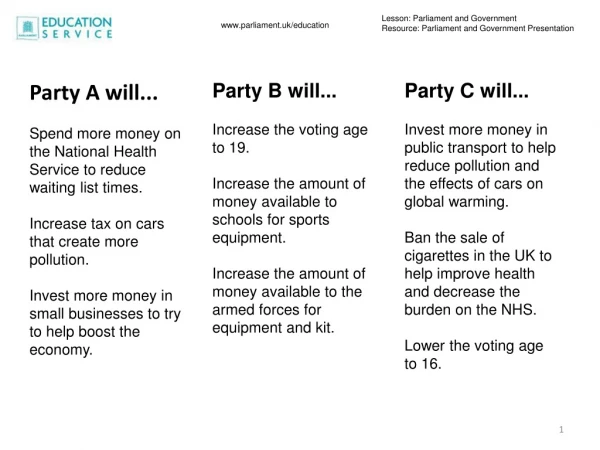 Party A will... Spend more money on the National Health Service to reduce waiting list times.