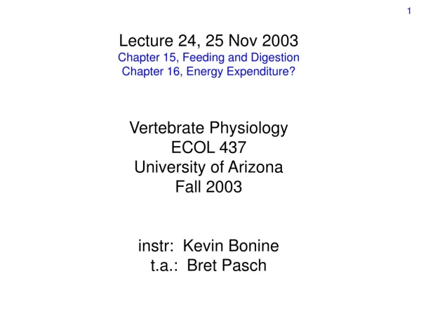 Lecture 24, 25 Nov 2003 Chapter 15, Feeding and Digestion Chapter 16, Energy Expenditure?