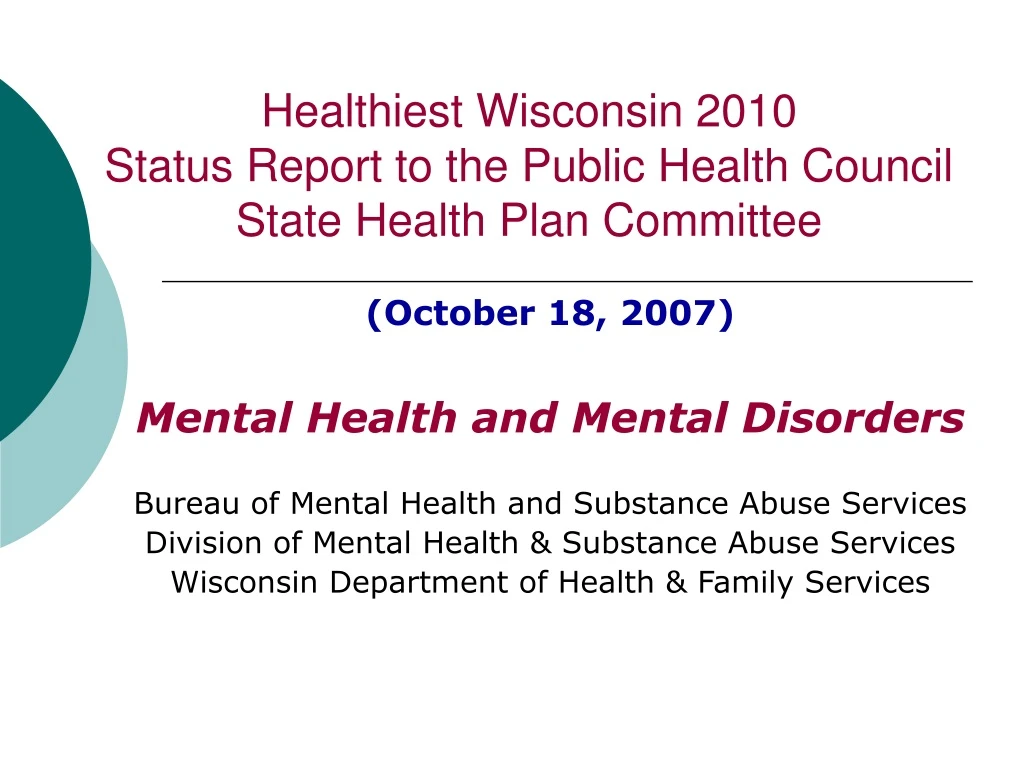 healthiest wisconsin 2010 status report to the public health council state health plan committee