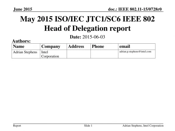 May 2015 ISO/IEC JTC1/SC6 IEEE 802 Head of Delegation report