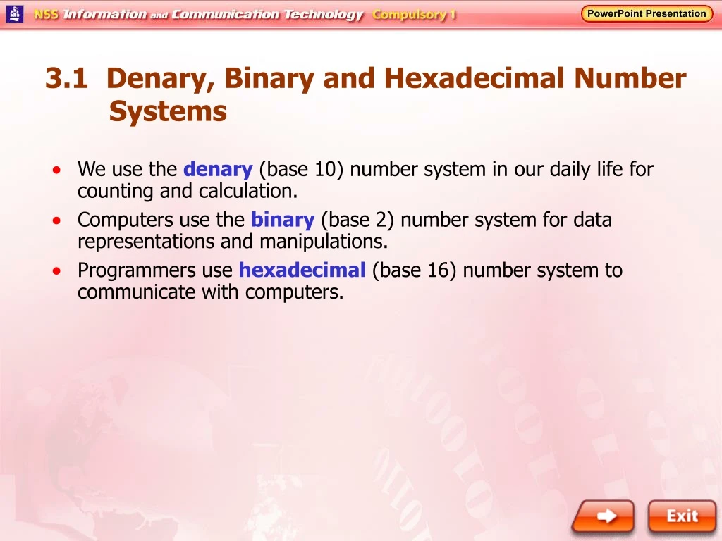 3 1 denary binary and hexadecimal number systems