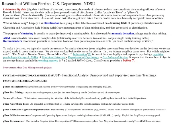 Research of William Perrizo, C.S. Department, NDSU