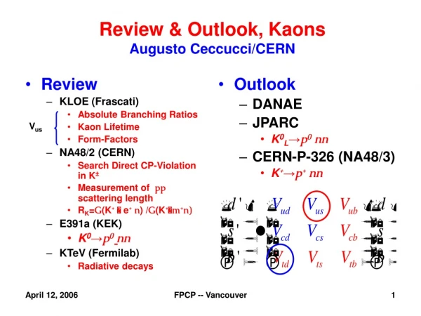 Review KLOE (Frascati) Absolute Branching Ratios Kaon Lifetime Form-Factors NA48/2 (CERN)