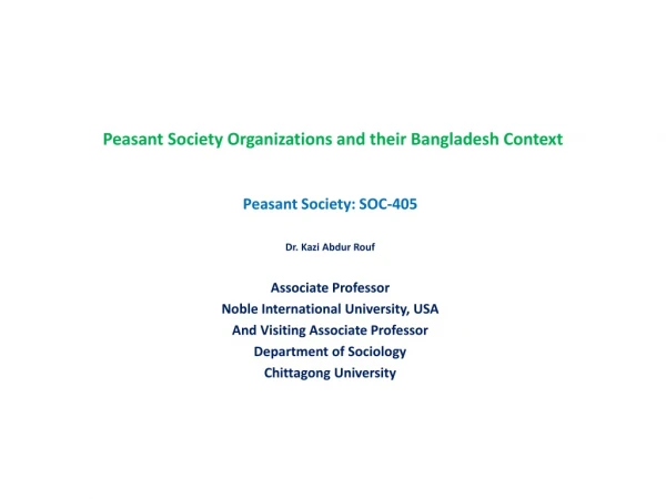 Peasant Society Organizations and their Bangladesh Context