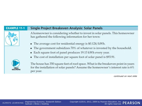 EXAMPLE 11-1    Single Project Breakeven Analysis: Solar Panels