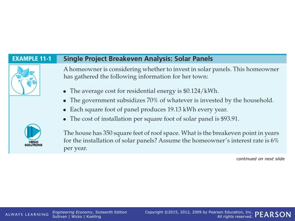 example 11 1 single project breakeven analysis solar panels