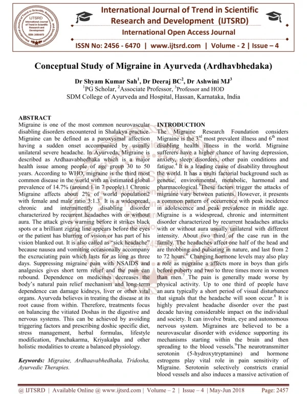 Conceptual Study of Migraine in Ayurveda Ardhavbhedaka