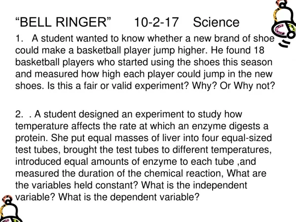 “BELL RINGER”  	10-2-17	Science