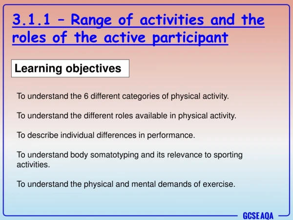 3.1.1 – Range of activities and the roles of the active participant