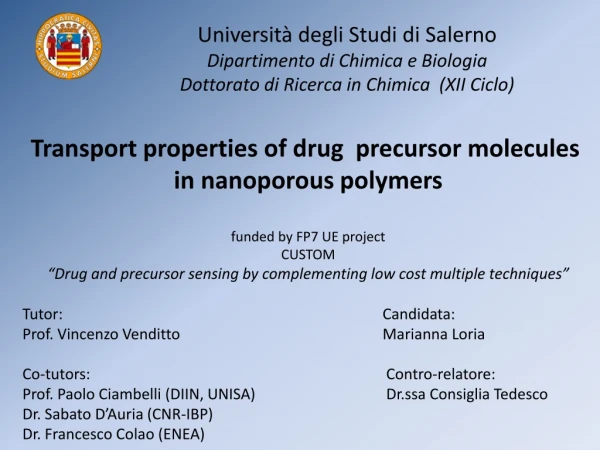 Transport properties of drug  precursor molecules  in nanoporous polymers