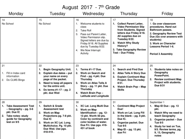 August  2017  - 7 th  Grade