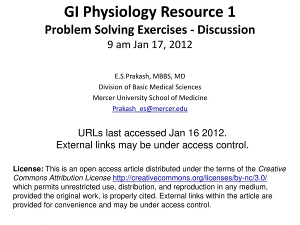 GI Physiology Resource 1 Problem Solving Exercises - Discussion 9 am Jan 17, 2012