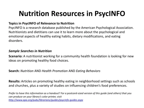 Nutrition Resources in PsycINFO