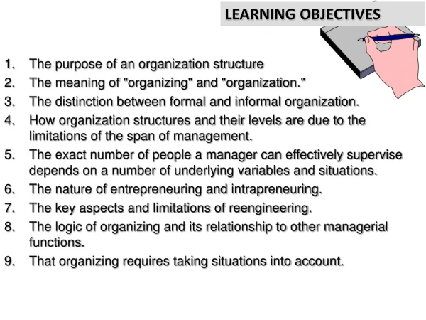 1.	The purpose of an organization structure  2.	The meaning of &quot;organizing&quot; and &quot;organization.&quot;