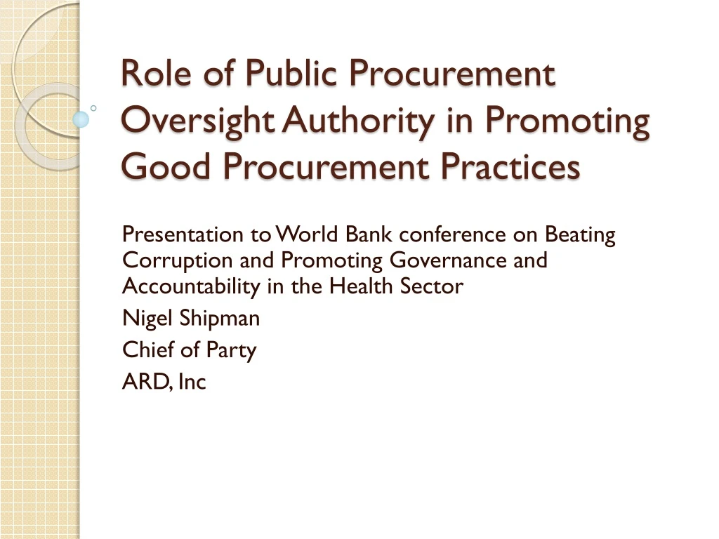 role of public procurement oversight authority in promoting good procurement practices