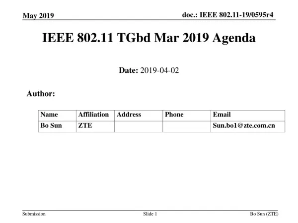 IEEE 802.11 TGbd Mar 2019 Agenda