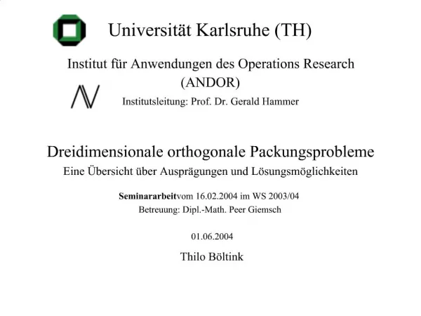 Universit t Karlsruhe TH Institut f r Anwendungen des Operations Research ANDOR Institutsleitung: Prof. Dr. Gerald Ham