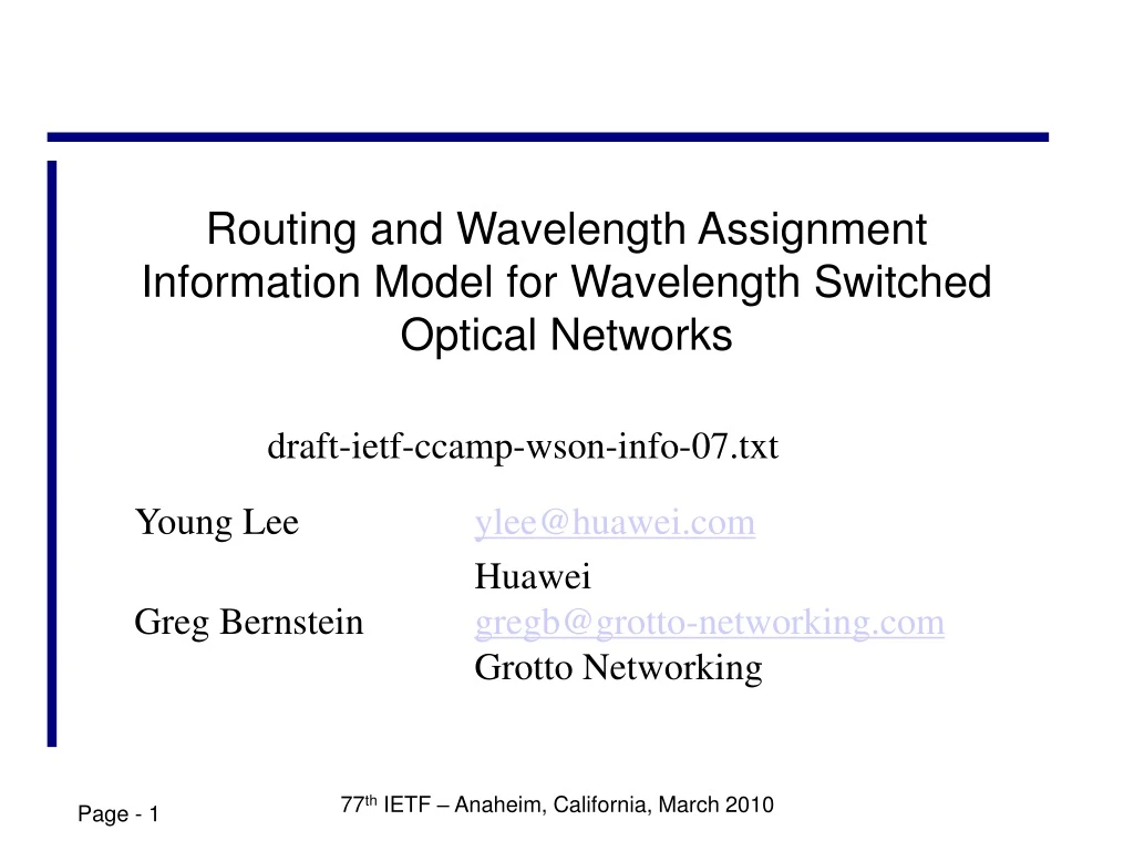 routing and wavelength assignment information model for wavelength switched optical networks