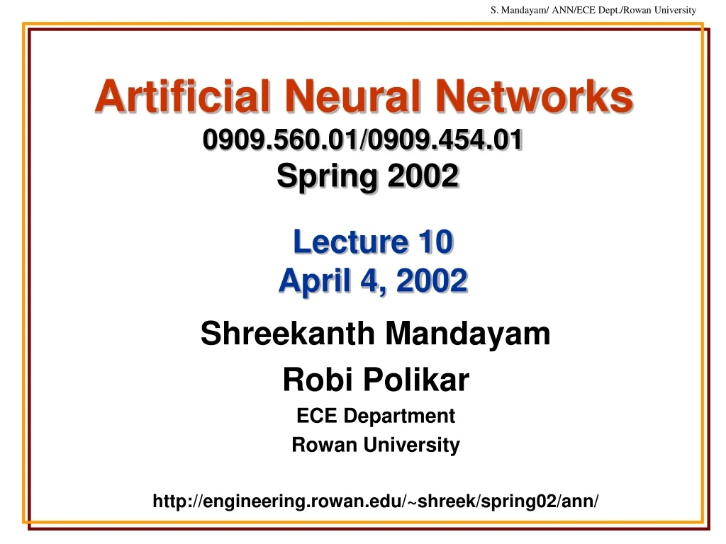 artificial neural networks 0909 560 01 0909 454 01 spring 2002