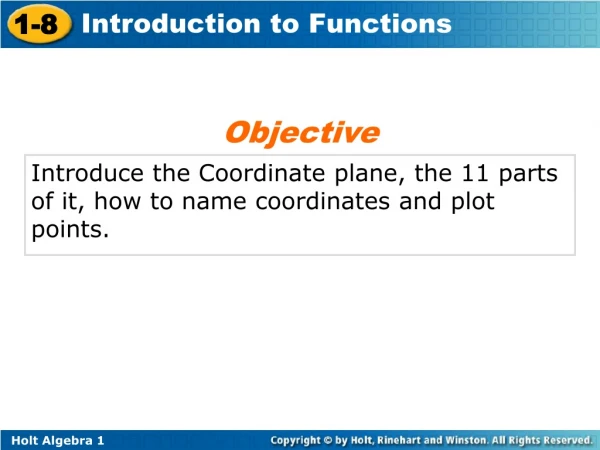 Introduce the Coordinate plane, the 11 parts of it, how to name coordinates and plot points.