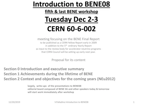 meeting focusing on the BENE Final Report  to be published as a CERN Yellow Report early in 2009