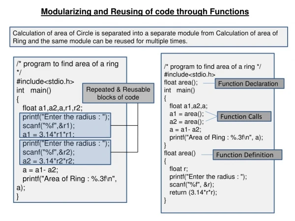 /* program to find area of a ring */ #include&lt;stdio.h&gt; int   main() {    float a1,a2,a,r1,r2;