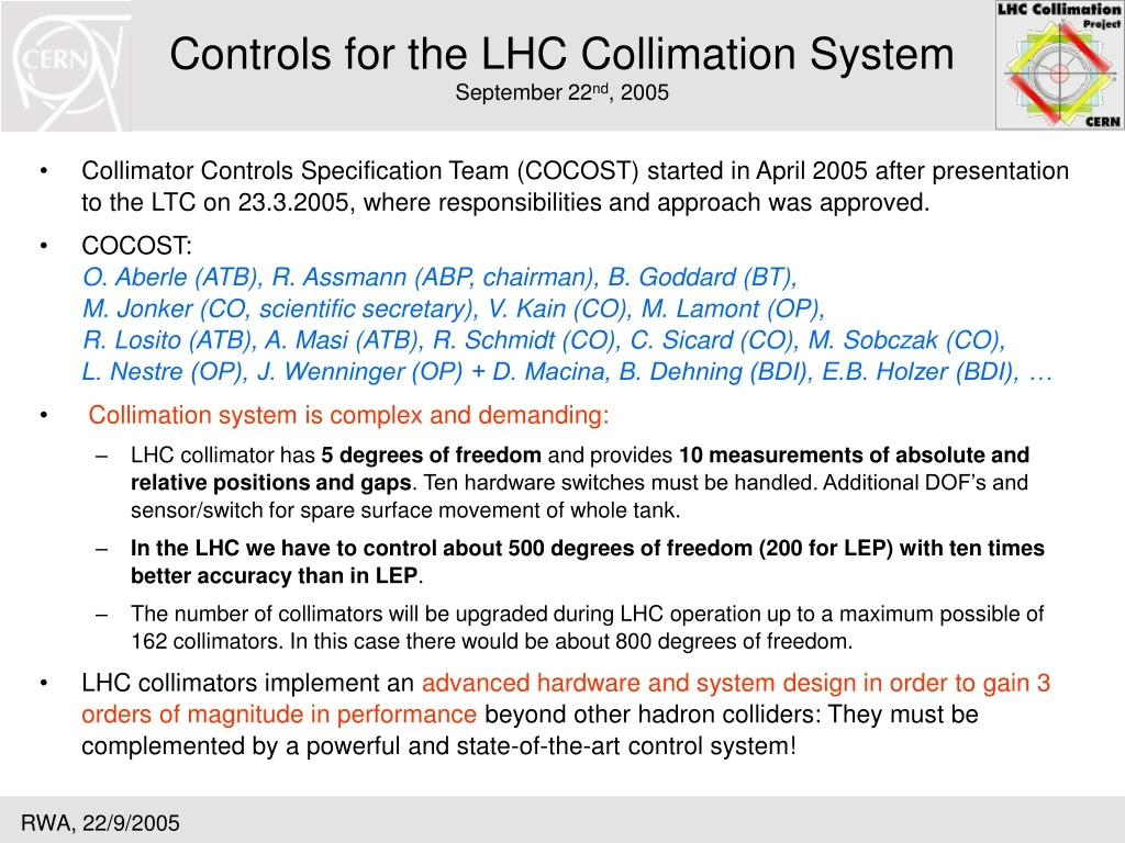 controls for the lhc collimation system september 22 nd 2005