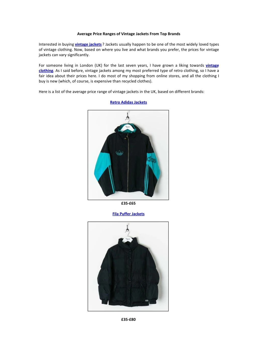 average price ranges of vintage jackets from