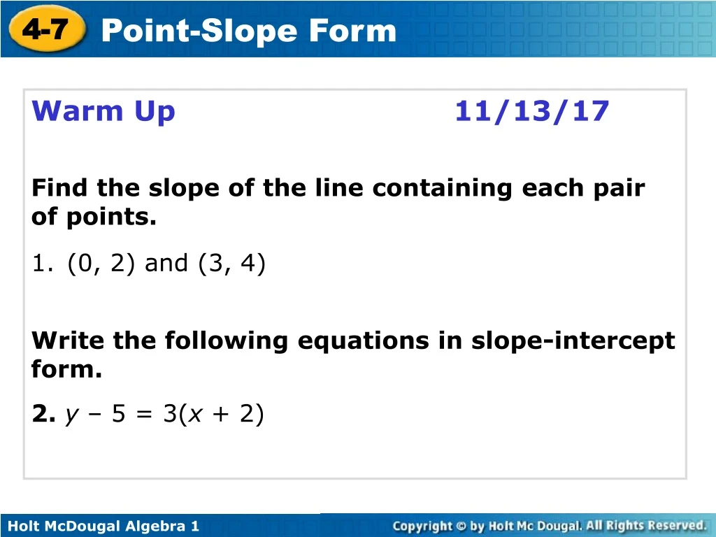 warm up 11 13 17 find the slope of the line