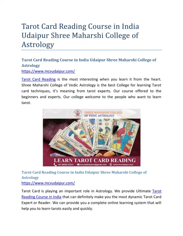 Tarot Card Reading Course in India Udaipur Shree Maharshi College of Astrology